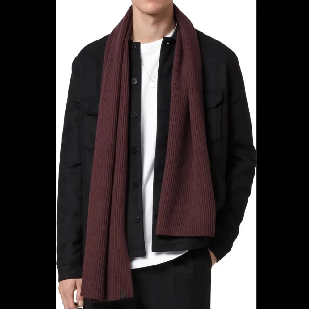 All Saints Narrow Rib Scarf Maroon Merino Wool - Picture 1 of 5